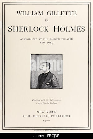 Title page from souvenir album for 'Sherlock Holmes' play adapted from storied by Sir Arthur Conan Doyle by William Gillette who also played the title role. The play opened at the Garrick Theatre on 6 November 1899 and was highly successful, a silent movie based on it was released in 1916 and Gillette made over 1300 performances in the US and Great Britain. See description for more information. Stock Photo