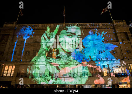 London, UK. 14th January, 2016. 195 Piccadilly by NOVAK - Lumiere London: the ‘biggest-ever’ light festival to hit the capital.  Produced by Artichoke and supported by the Mayor of London, for four evenings in January a host of international artists illuminate the city from 6:30pm to 10:30pm each night.  Iconic architecture has been transformed with 3D projections, interactive installations and other extraordinary light works. Credit:  Guy Bell/Alamy Live News Stock Photo