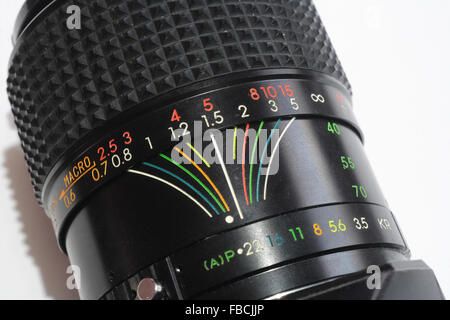 Film SLR camera with zoom lens showing depth of field scale Stock Photo