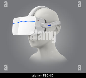 3D human head wearing white VR headset isolated on gray background. Stock Photo