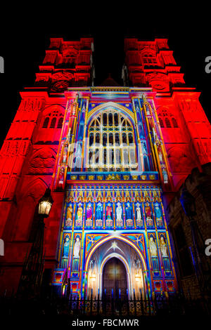 London, UK. 14th January, 2016. Westminster Abbey 'The Light of The Spirit' by Patrice Warrener pictured this evening as part of Lumiere Light Festival in London.  The first night of Lumiere London, a free light festival produced by Artichoke and supported by Mayor of London, running from January 14th-17th with international artists illuminating the city from 6:30pm to 10:30pm each night.  Credit:  Oliver Dixon/Alamy Live News Stock Photo
