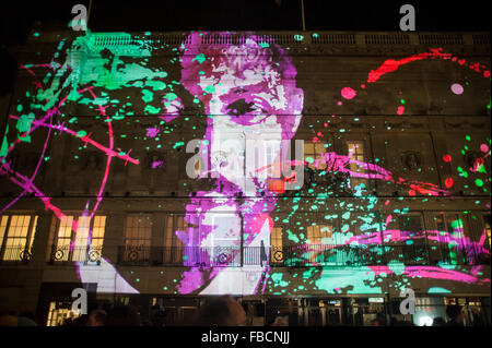 London, UK.  14 January 2016. '195 Piccadilly' by Novak.  The work forms part of Lumiere London, a major new light festival which commenced today to be held over four evenings and featuring artists who work with light.  The event is produced by Artichoke and supported by the Mayor of London.   Credit:  Stephen Chung / Alamy Live News Stock Photo