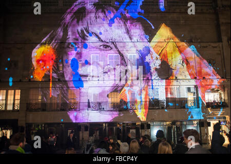 London, UK.  14 January 2016. '195 Piccadilly' by Novak.  The work forms part of Lumiere London, a major new light festival which commenced today to be held over four evenings and featuring artists who work with light.  The event is produced by Artichoke and supported by the Mayor of London.   Credit:  Stephen Chung / Alamy Live News Stock Photo