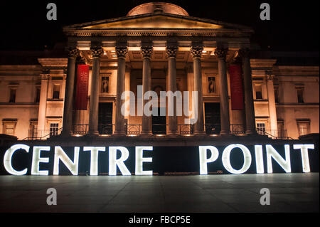 London, UK.  14 January 2016.  Centre Point lights in Trafalgar Square.  The work forms part of Lumiere London, a major new light festival which commenced today to be held over four evenings and featuring artists who work with light.  The event is produced by Artichoke and supported by the Mayor of London.   Credit:  Stephen Chung / Alamy Live News Stock Photo