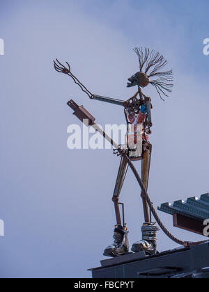 Metal man sculpture at the top of the Silverlode Express chairlift, Park City Side, Park City Mountain Resort, Park City, Utah. Stock Photo