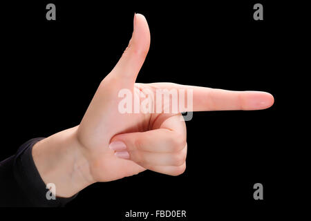 Female hand gesture of pointing finger isolated on black background with clipping path. Gun concept Stock Photo