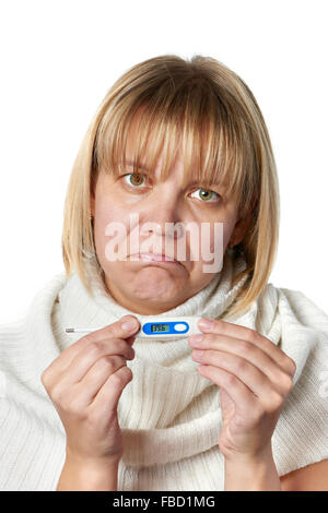 Sick woman holding digital thermometer isolated on white Stock Photo