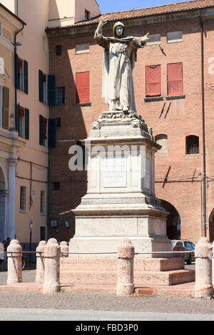 Statue of the Ferrarese friar Girolamo Savonarola in Piazza Savonarola, Ferrara, Italy. Stock Photo