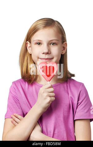 Beautyful girl with lollipop hearts isolated Stock Photo