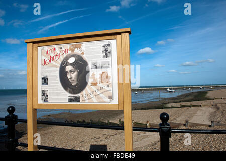 Information board at Herne Bay seafront for Amy Johnson Queen of the Air, Kent, England, UK Stock Photo