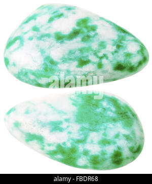natural mineral gem stone - two Amazonite (microcline feldspar) gemstones isolated on white background close up Stock Photo