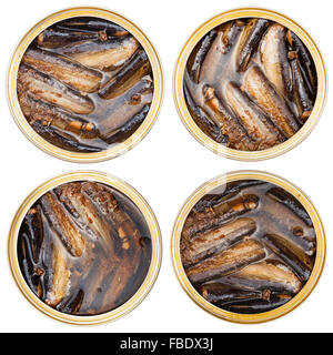 set of canned smoked sprats fish in oil in open tin isolated on white background Stock Photo