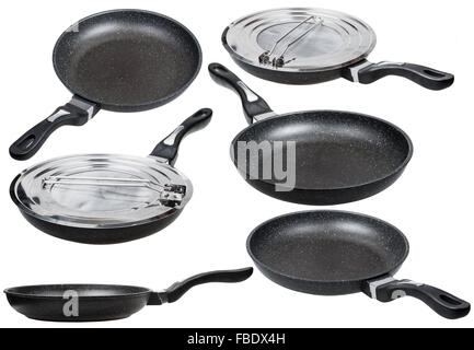 set of black frying pans isolated on white background Stock Photo