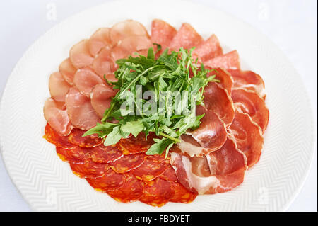 Meat plate on white plate studio shot Stock Photo