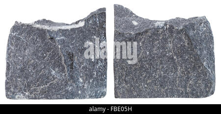 macro shooting of specimen natural rock - two pieces of Slate mineral stone isolated on white background Stock Photo