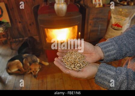 stove fed with pellets (ecological fuel result from the discards of wood working) Stock Photo