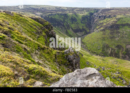 Summer evening light on Grindsbrook Clough, Kinder Scout, Derbyshire, Peak District National Park, England, UK Stock Photo