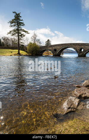 View of stone bridge over River Tay, (mouth of Loch Tay) at Kenmore A827, Perthshire, Scotland, UK, Europe. Stock Photo