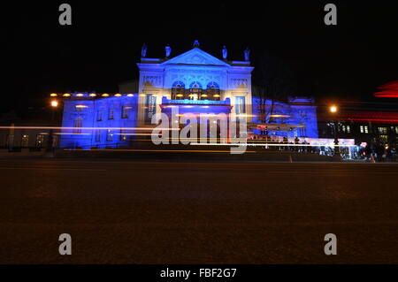 Munich, Germany. 15th Jan, 2016. The Prince Regent Theatre has been illuminated with coloured lights for the Bavarian Film Prize 2016 cermony in Munich, Germany, 15 January 2016. Photo: TOBIAS HASE/DPA/Alamy Live News Stock Photo