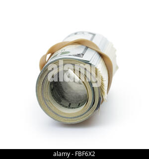 bunch of hundred dollar bills tied with rubber band Stock Photo