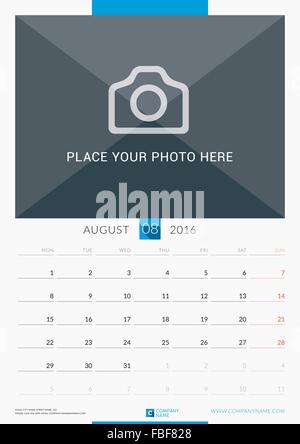 August 2016. Wall Monthly Calendar for 2016 Year. Vector Design Print Template with Place for Photo. Week Starts Monday. Portrai Stock Vector