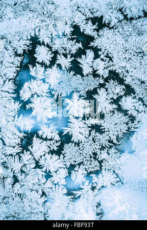 Ice Background, Natural Blue Frosty Pattern On Frozen Window Stock Photo