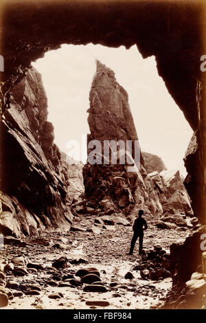 Needle Rock from Plemont Cave, Jersey, Channel Islands, UK in about 1890 Stock Photo