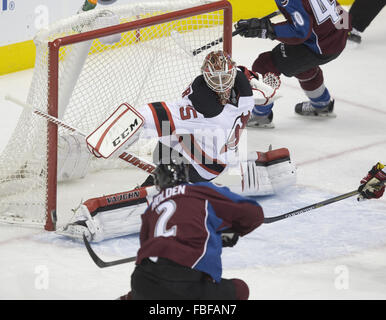 Denver, Colorado, USA. 14th Jan, 2016. Devils G CORY SCHNEIDER, center, makes a save in the 3rd. Period at the Pepsi Center Thursday night. The Avalanche beat the Devils 3-0. © Hector Acevedo/ZUMA Wire/Alamy Live News Stock Photo