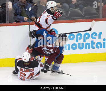 Denver, Colorado, USA. 14th Jan, 2016. Avalanche D FRANCOIS BEAUCHEMIN, center, fights his way out of traffic in the 1st. Period at the Pepsi Center Thursday night. The Avalanche beat the Devils 3-0. © Hector Acevedo/ZUMA Wire/Alamy Live News Stock Photo