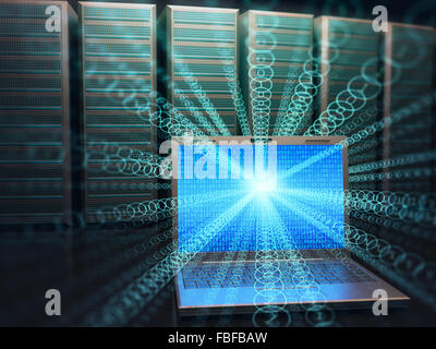 Image concept of technology and science of digital information. One laptop in front of multiple servers with binary numbers on s Stock Photo