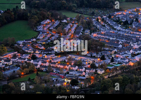 Aerial view of houses and street lights, Keswick, England, UK Stock Photo