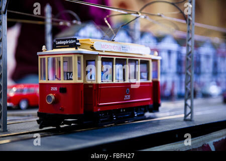 London, UK. 15th Jan, 2016. A model tram is displayed during the 20th London Model Engineering Exhibition at Alexandra Palace on January 15, 2016 in London, England. The three day event held between 15 and 17 January showcases over 2,000 works from over 50 national engineering clubs and societies. Credit:  Dinendra Haria/Alamy Live News Stock Photo