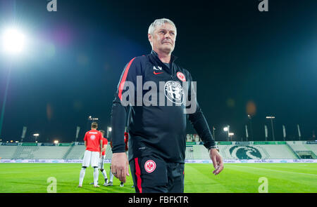 Dubai, United Arab Emirates. 12th Jan, 2016. Frankfurt's coach Armin Veh ahead of the test match between Dortmund and Eintracht Frankfurt in the Maktoum bin Rashid Al Maktoum Stadium in Dubai, United Arab Emirates, 12 January 2016. Photo: Guido Kirchner/dpa/Alamy Live News Stock Photo