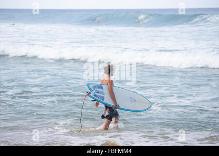 Surfer getting in the waters of Dome's Beach. Surfers catching waves in the horizon. Rincon, Puert Rico. USA territory. Stock Photo