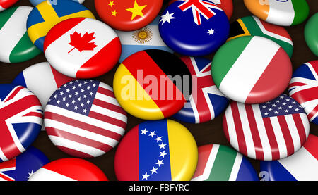 International world flags on scattered buttons badges 3d illustration. Stock Photo