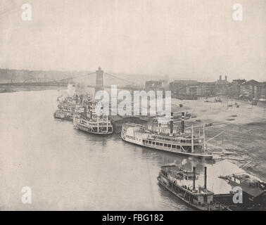 John A Roebling Suspension Bridge Cincinnati riverside Ohio Paddle Steamers 1895 Stock Photo
