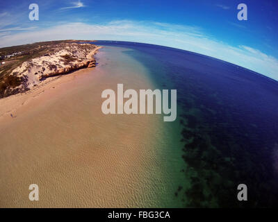 Aerial view of beach and corals in Coral Bay, Ningaloo Reef Marine Park, Western Australia Stock Photo