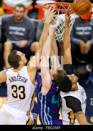 New Orleans, LA, USA. 15th Jan, 2016. New Orleans Pelicans forward Ryan Anderson (33) goes up for a rebound during an NBA basketball game between the Charlotte Hornets and the New Orleans Pelicans at the Smoothie King Center in New Orleans, LA. New Orleans Pelicans defeat Charlotte Hornets 109-107. Stephen Lew/CSM/Alamy Live News Stock Photo