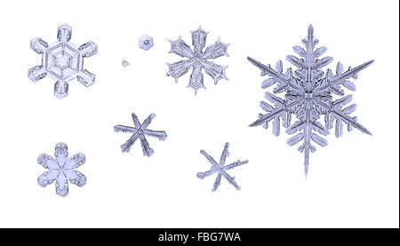 set of positive natural snowflakes isolated on white background macro close up Stock Photo