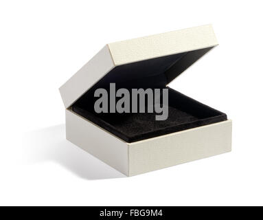 Simple empty half open jewelry box with black felt padding on white background Stock Photo
