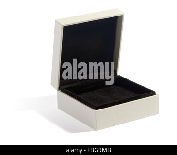Single wide open jewelry box with black felt padding on white background Stock Photo