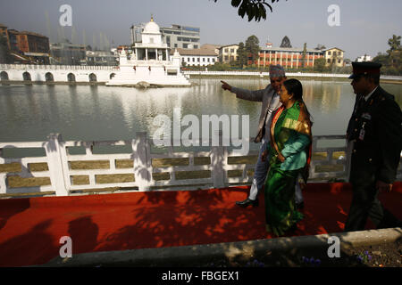 Kathmandu, Nepal. 16th Jan, 2016. President Bidhya Devi Bhandari initiates the reconstruction campaign in Rani Pokhari, Kathmandu, Nepal on Saturday, Jan 16, 2016. Rani Pokhari is an historic pond built by King Pratap Malla in 1667 which is located in the heart of the city. Around nine months after the April 25 earthquake that hit Nepal, killing nearly 9,000 people and injuring hundreds others, National Reconstruction Authority sets to start post-quake reconstruction work. The International community has pledged an assistance of Rs. 4.1 billion. © Skanda Gautam/ZUMA Wire/Alamy Live News Stock Photo