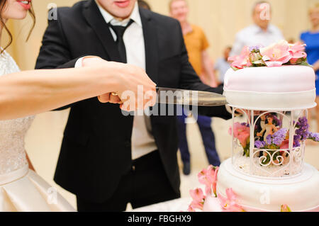 Bride and groom cut their wedding cake together Stock Photo