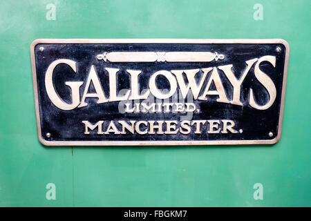 Name plate of Galloways Limited steam engine and boiler manufacturers at Museum of Science and  Industry (MOSI), Manchester UK Stock Photo
