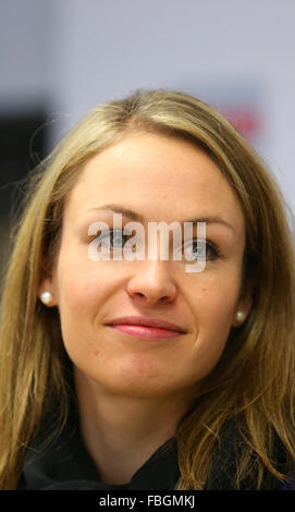 Ruhpolding, Germany. 16th Jan, 2016. Former biathlete Magdalena Neuner sits during a press conference at the Biathlon World Cup in the Cheimgau Arena in Ruhpolding, Germany, 16 January 2016. Photo: KARL-JOSEF HILDENBRAND/dpa/Alamy Live News Stock Photo