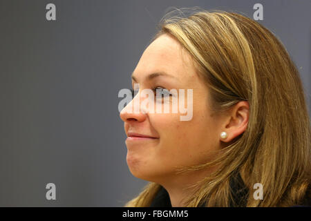 Ruhpolding, Germany. 16th Jan, 2016. Former biathlete Magdalena Neuner sits during a press conference at the Biathlon World Cup in the Cheimgau Arena in Ruhpolding, Germany, 16 January 2016. Photo: KARL-JOSEF HILDENBRAND/dpa/Alamy Live News Stock Photo