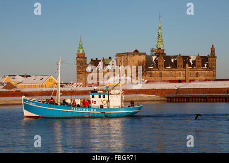 Anglers returning to Elsinore on a tour fishing boat after a day's fishing passing a snow covered Kronborg on a cold and sunny winter's day. Cormorant Stock Photo