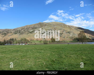 The Ullswater Steamers quay at Glenridding looking across towards Place Fell in the English Lake District. Stock Photo