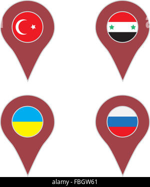 Pin location country set. Turkey and syria, ukraine and russia. Vector art abstract unusual fashion illustration Stock Photo