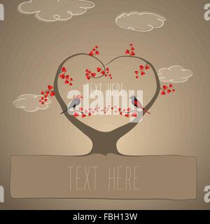 greeting card or wedding invitation with bird couple sitting on heart shaped tree with heart shaped leafs Stock Vector
